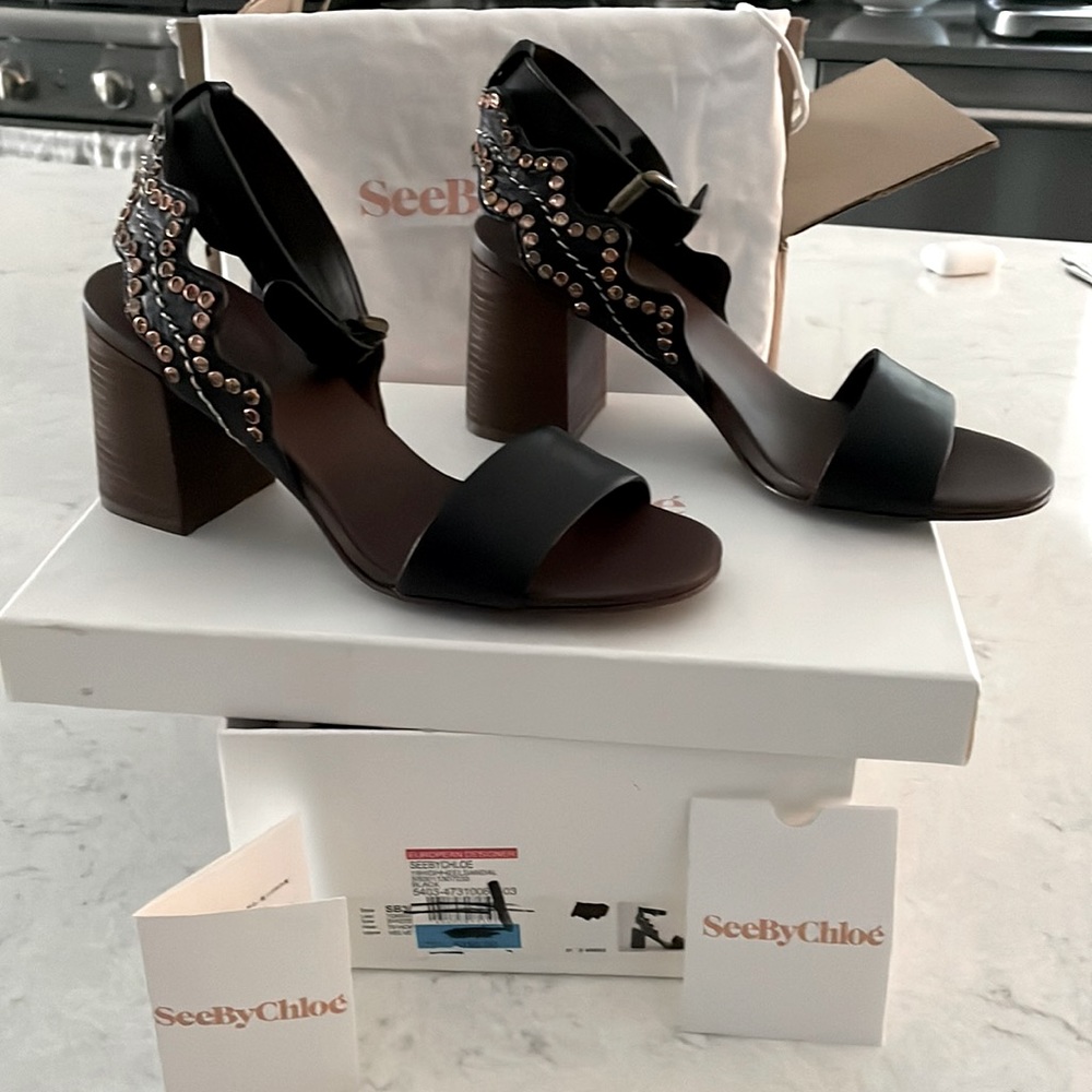 SeeByChloe Black Sandal NEVER WORN Rhinestones on Side, Dust bag, original box!